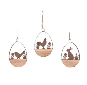 Gisela Graham Metal and Wood Hanging Egg Decoration - 3 Assorted