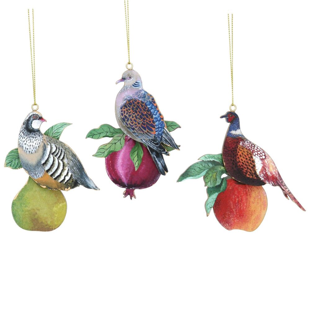 Gisela Graham Woodland Bird on Fruit Wooden Decorations - Set of 3