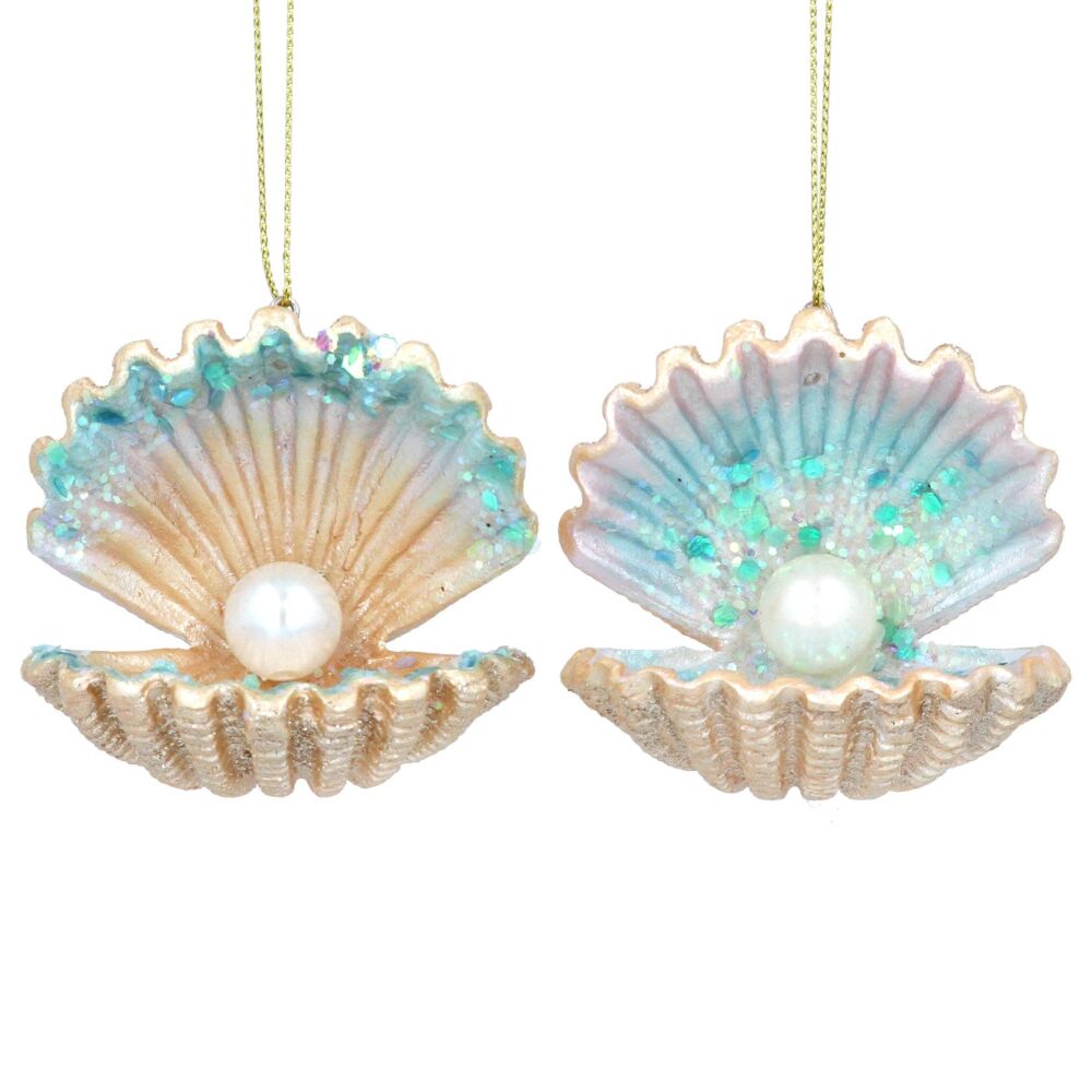 Gisela Graham Blue and Gold Shell and Pearl Decoration