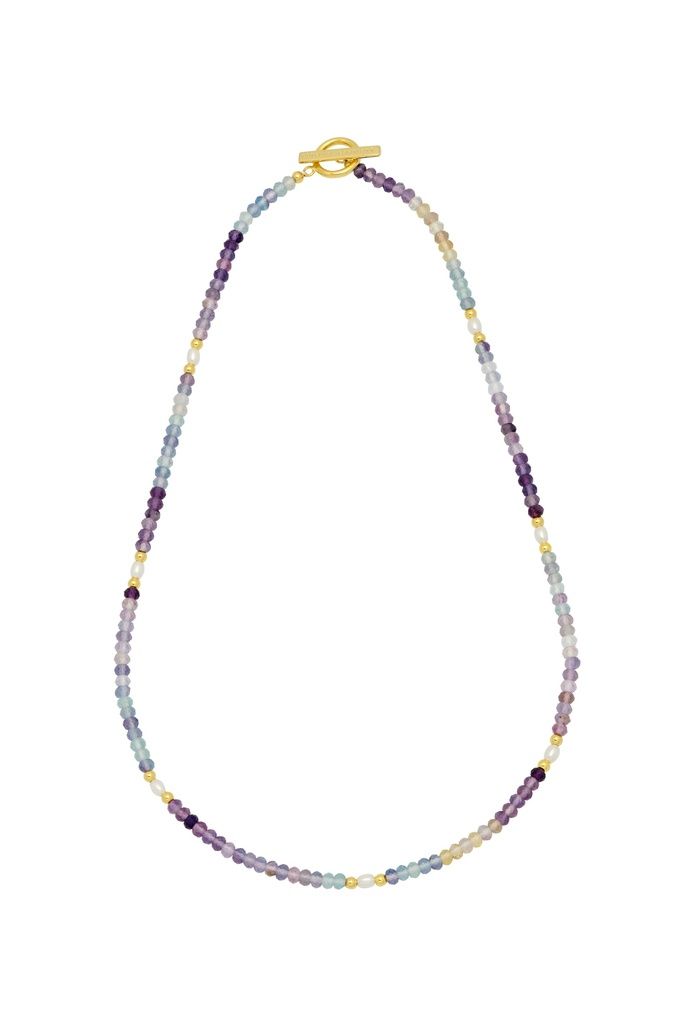 Estella Bartlett Gemstone Pearl T-Bar Beaded Necklace - Flourite, Gold Plat