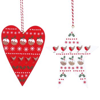 Gisela Graham Red and White Heart and Star Decorations - Set of 2