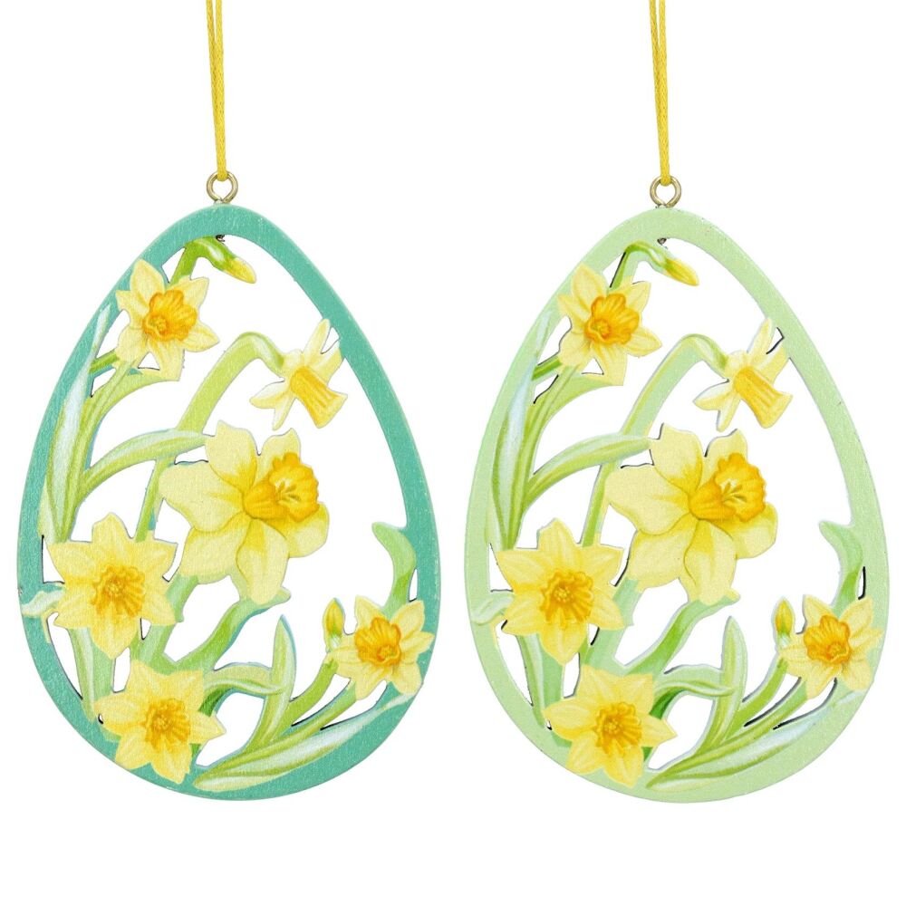 Gisela Graham Wooden Fretwork Daffodil Egg Decorations - Set of 2