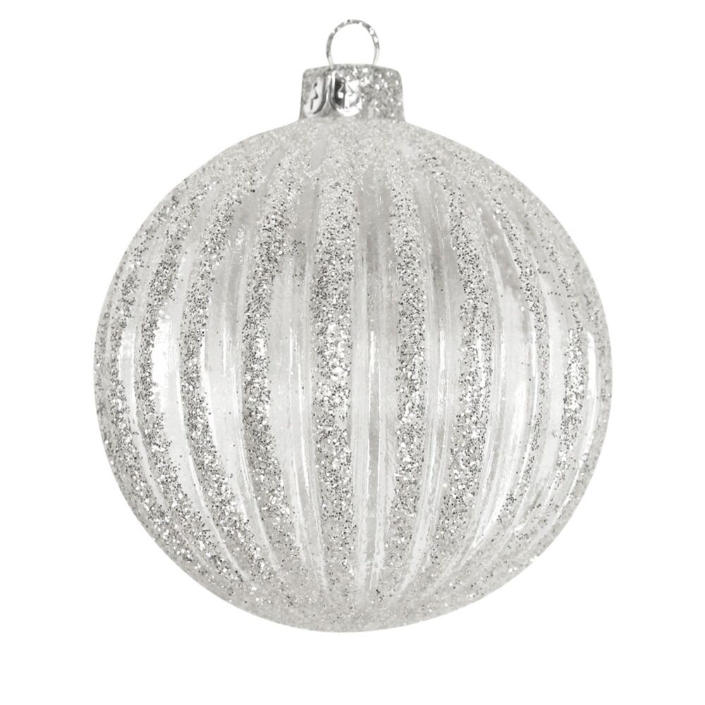 Gisela Graham Silver Glitter Ribbed Glass Bauble