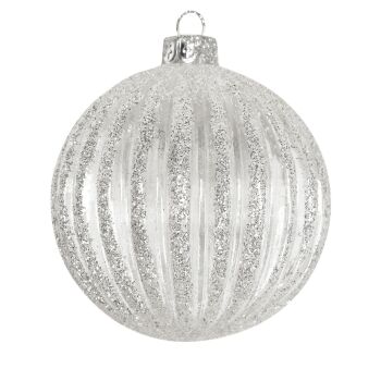 Gisela Graham Silver Glitter Ribbed Glass Bauble