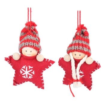 Gisela Graham Red Felt Star Boy and Girl Decorations - Set of 2