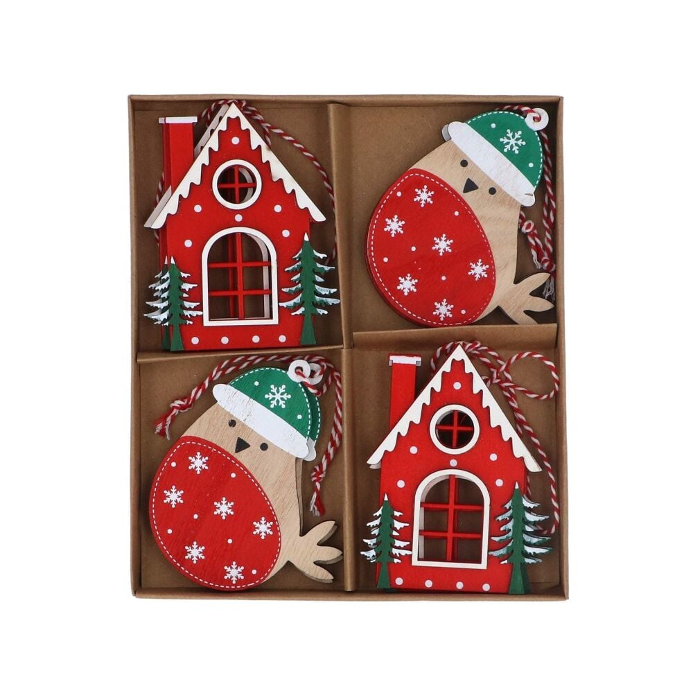 Gisela Graham Scandi Style Wooden House and Robin Decorations - Box of 8