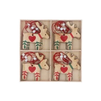 Gisela Graham Wooden Reindeers with Painted Hearts Decorations - Box of 16