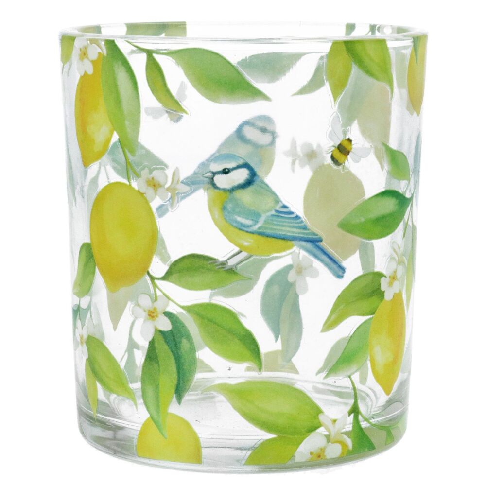 Gisela Graham Lemon and Blue Tit Glass T-Lite Holder