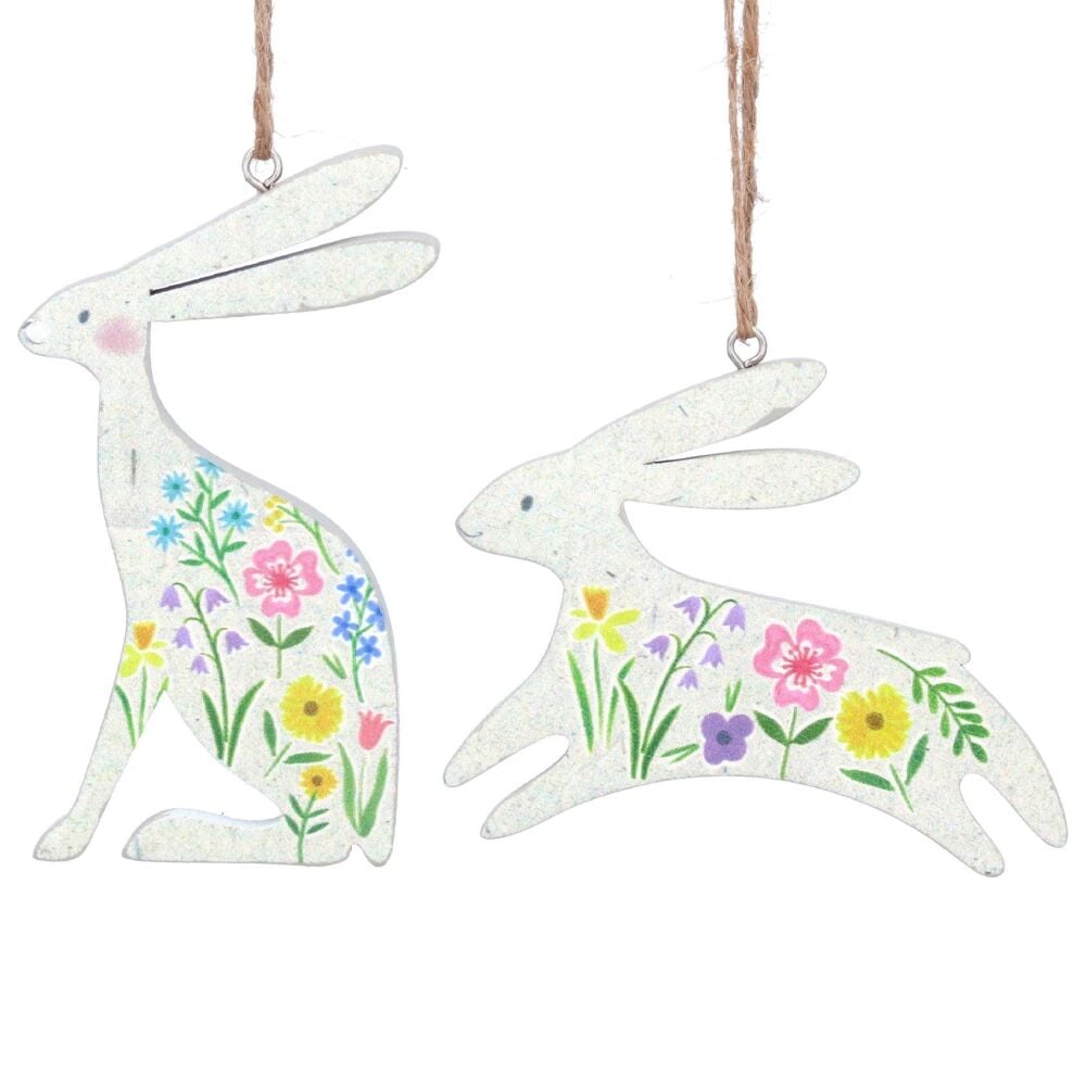 Gisela Graham Pastel Meadow Wooden Hare Decorations - Set of 2