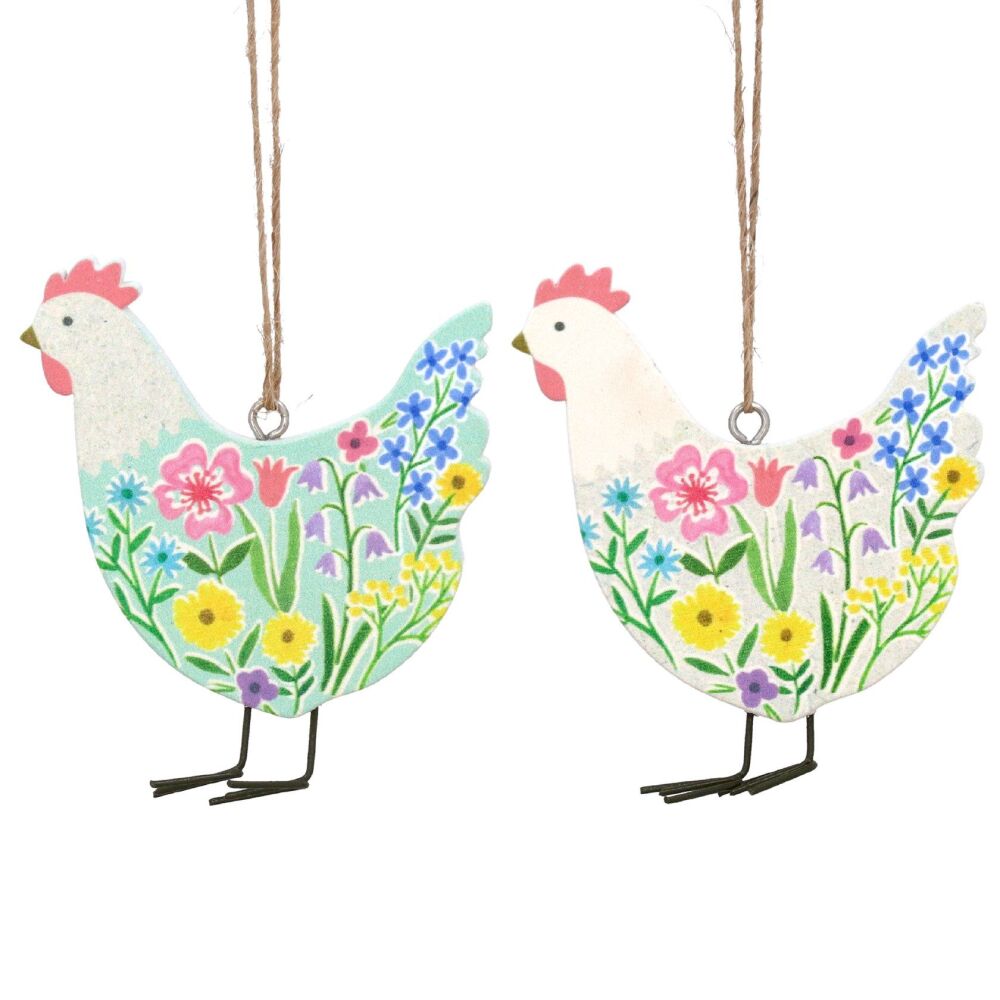 Gisela Graham Pastel Meadow Wooden Hen and Cockerel Decorations - Set of 2