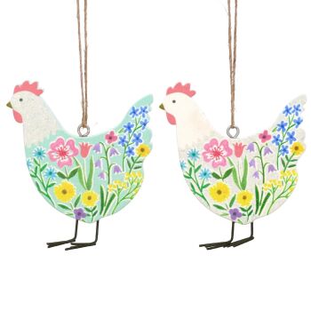 Gisela Graham Pastel Meadow Wooden Hen and Cockerel Decorations - Set of 2
