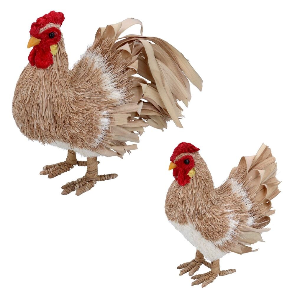 Gisela Graham Bristle Hen and Cockerel Ornaments  Set of 2