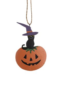 Hanging Cat sat on a Pumpkin Decoration