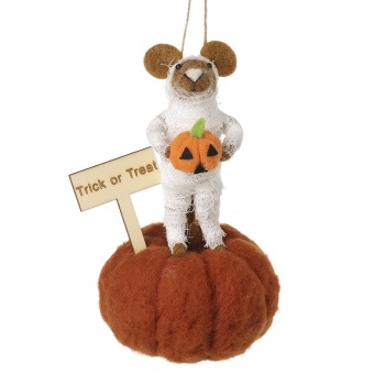 Mummy Felt Mouse on Pumpkin