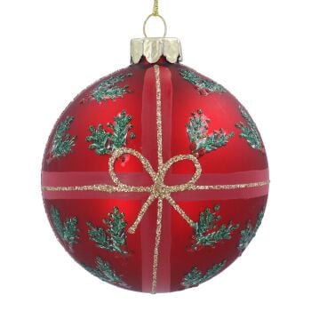 Matt Red Bauble with Glitter Bow and Holly