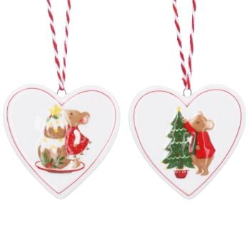 Ceramic Heart Decorations with Alfie and Holly Mouse Design - Set of 2