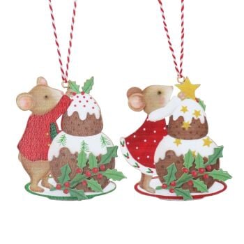 Alfie and Holly with Puddings Wooden Decorations - Set of 2