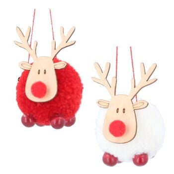 Pom Pom Reindeer Decorations - Set of 2