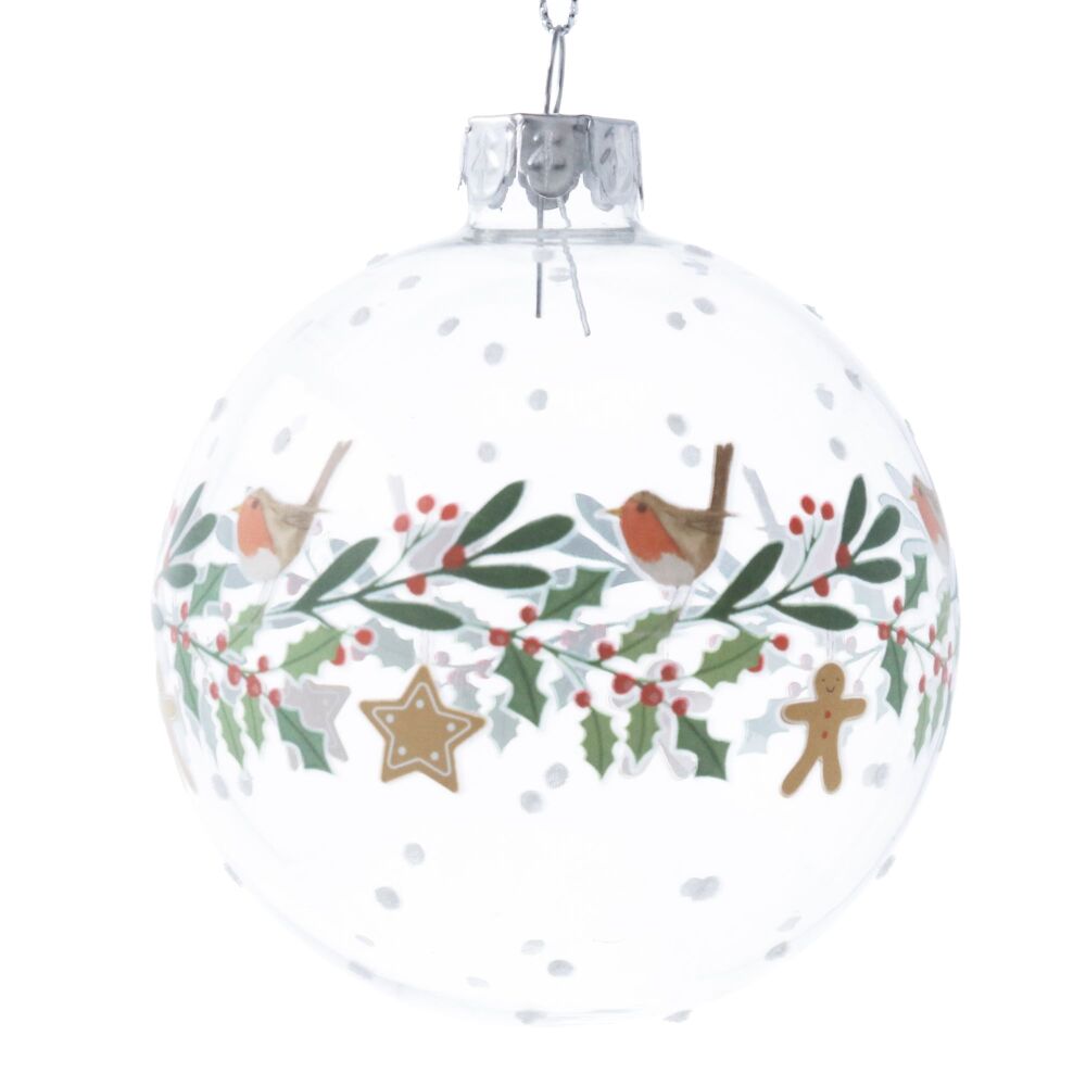 Gingerbread and Robin Garland Design Glass Bauble
