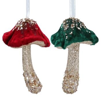 Hanging Glitter Velvet Toadstool Decorations - 2 Assorted