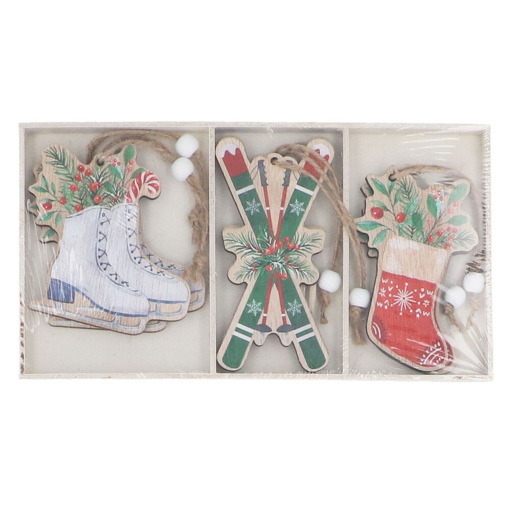 Box of 6 Scandi Wooden Hanging Decorations