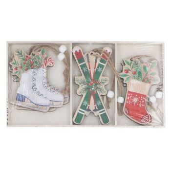 Box of 6 Scandi Wooden Hanging Decorations