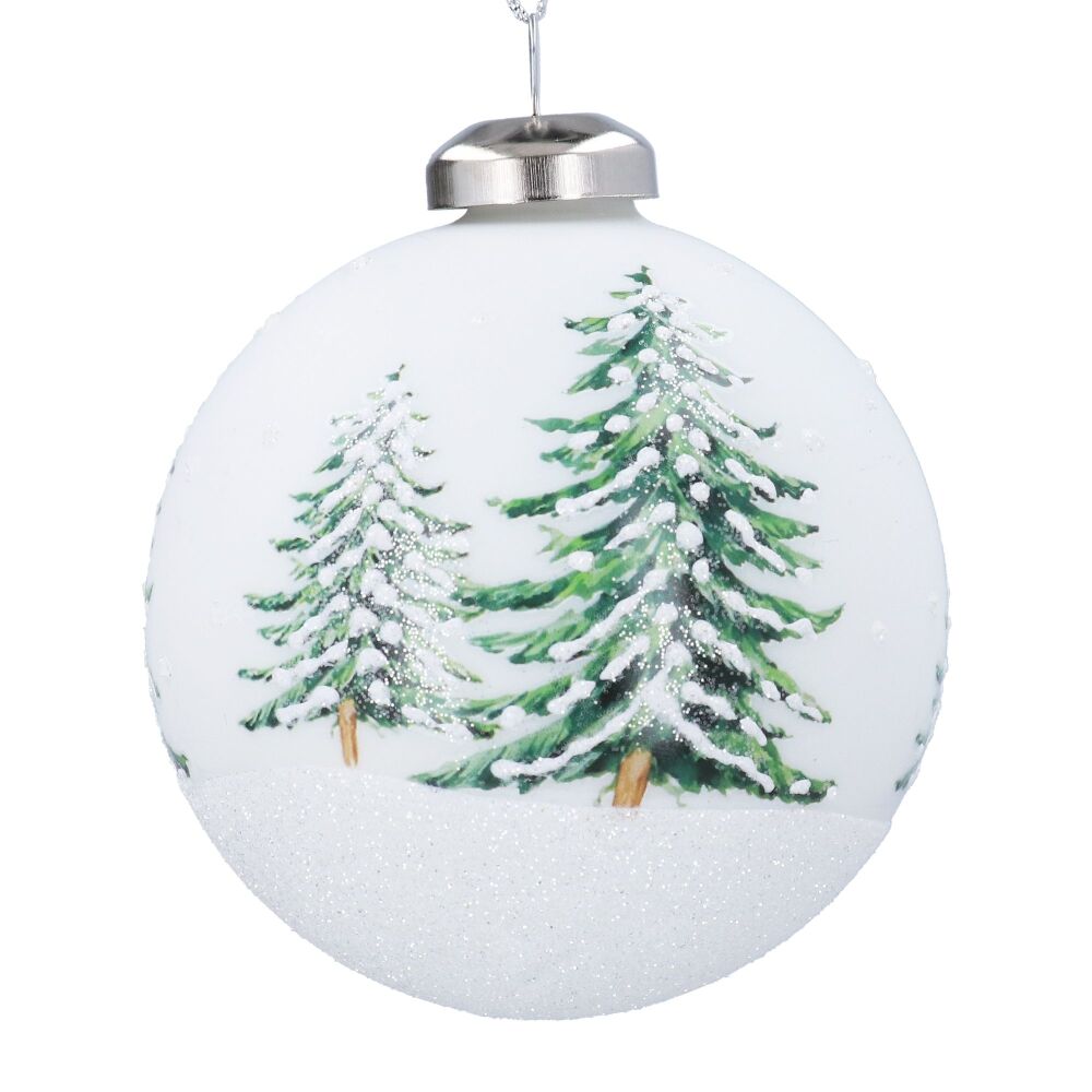 Matte White Glass Bauble with Painted Tree Design