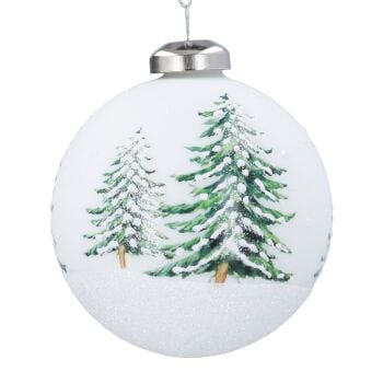 Matte White Glass Bauble with Painted Tree Design