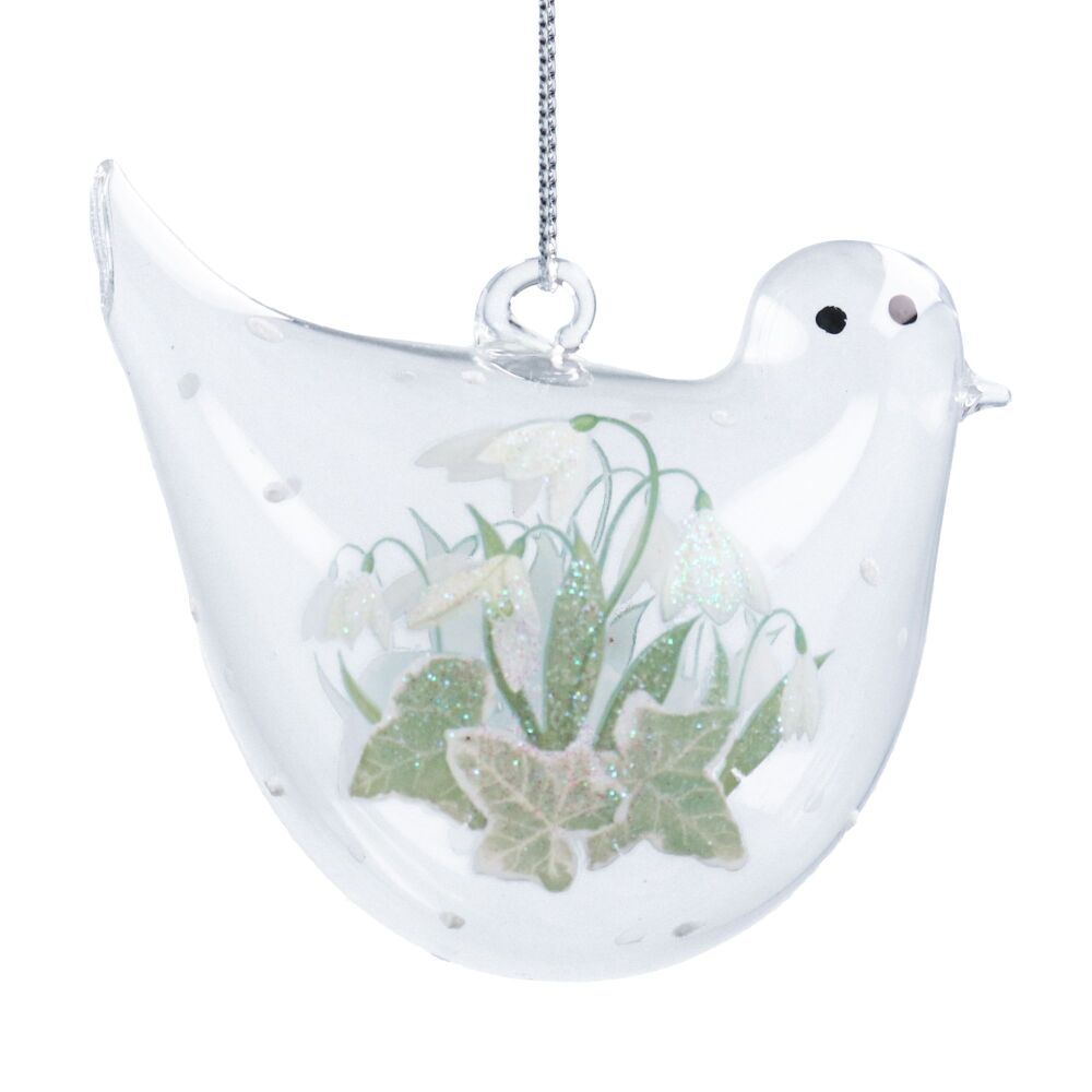 Glass Bird with Snowdrop design Decoration