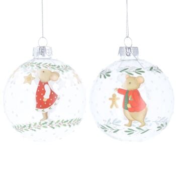 Alfie and Holly Mouse Glass Bauble Decorations - 2 Assorted
