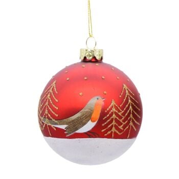 Matte Red Robin and Trees Glass Bauble
