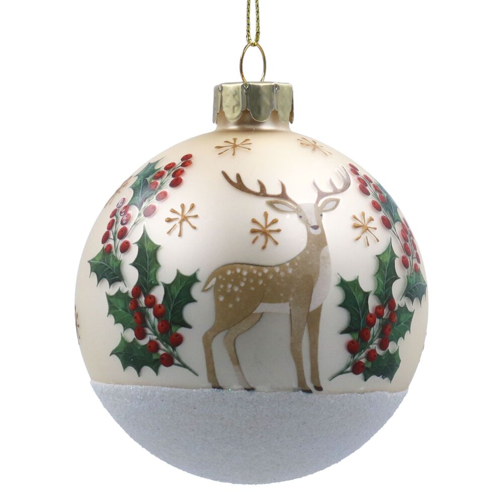 Cream Stag and Holly Glass Bauble