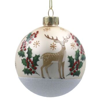 Cream Stag and Holly Glass Bauble