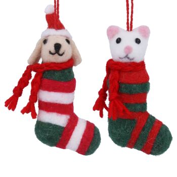 Felt Stocking Cat and Dog Decoration - 2 Assorted