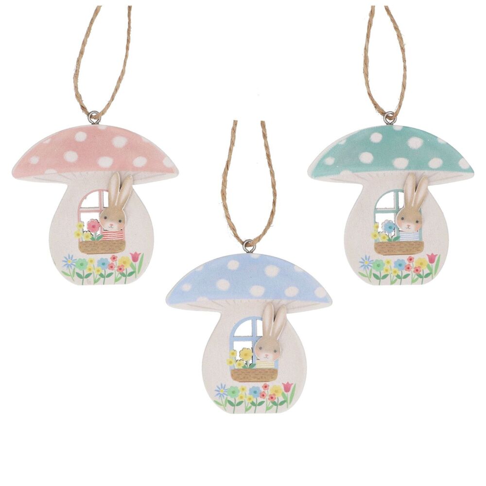Bunny Toadstool Hanging Decoration - 3 Assorted Colours