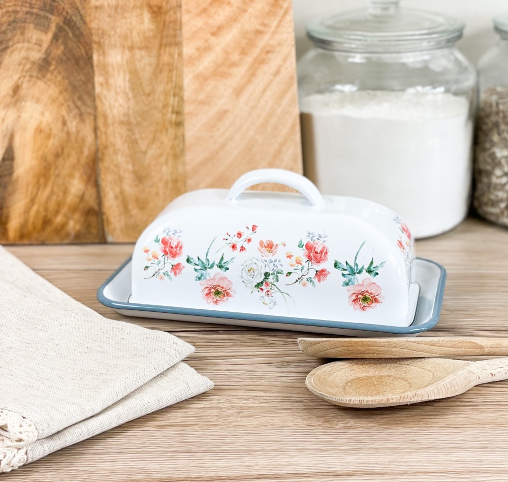 Enamel Butter Dish - Coral Peony