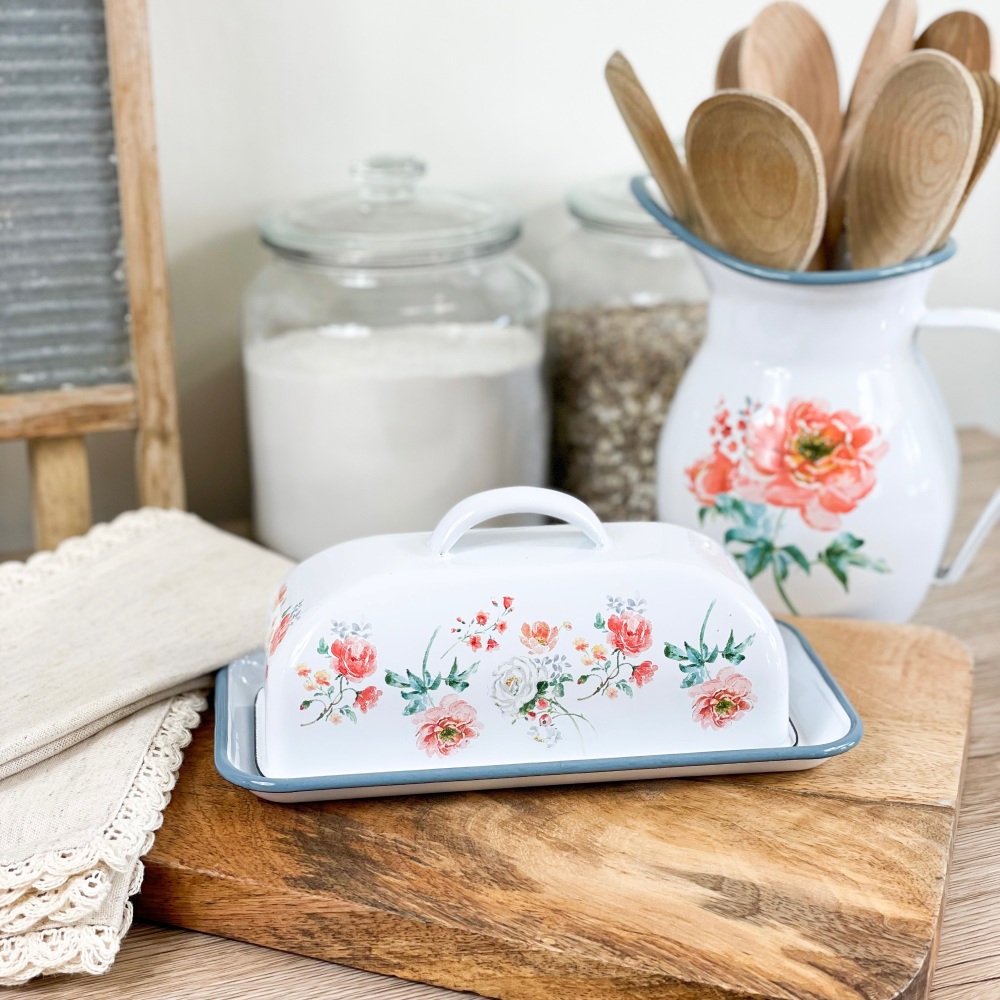 Coral Flowers - Enamel Butter Dish 