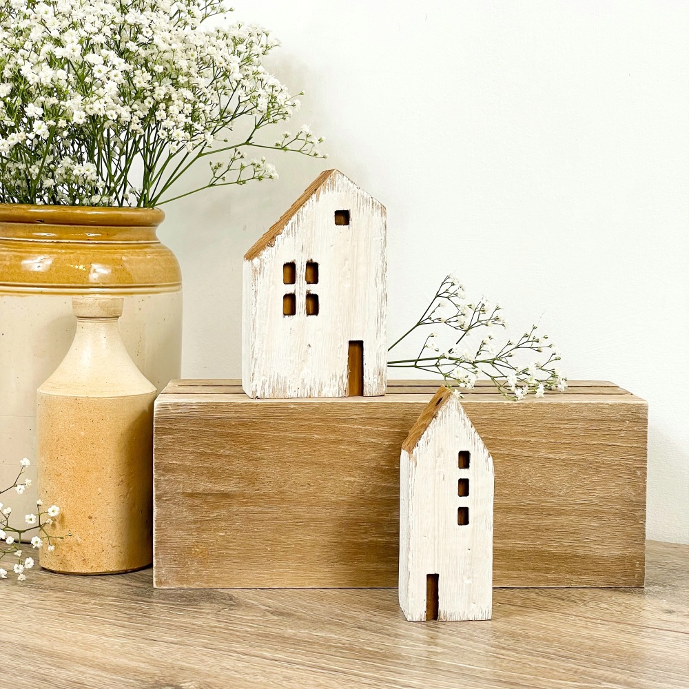 White Chippy Wooden Houses - (Set of 2)