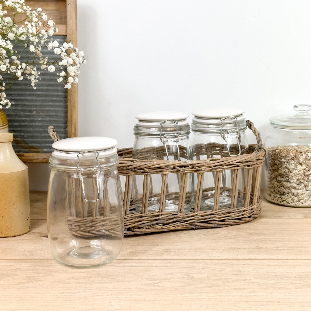 Country Storage Jars - In Wicker Basket
