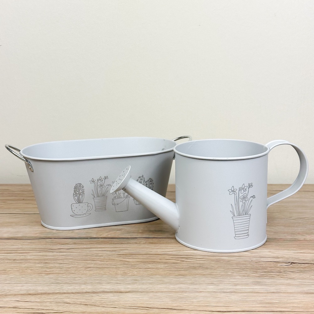 Planter and Watering Can - Light Grey