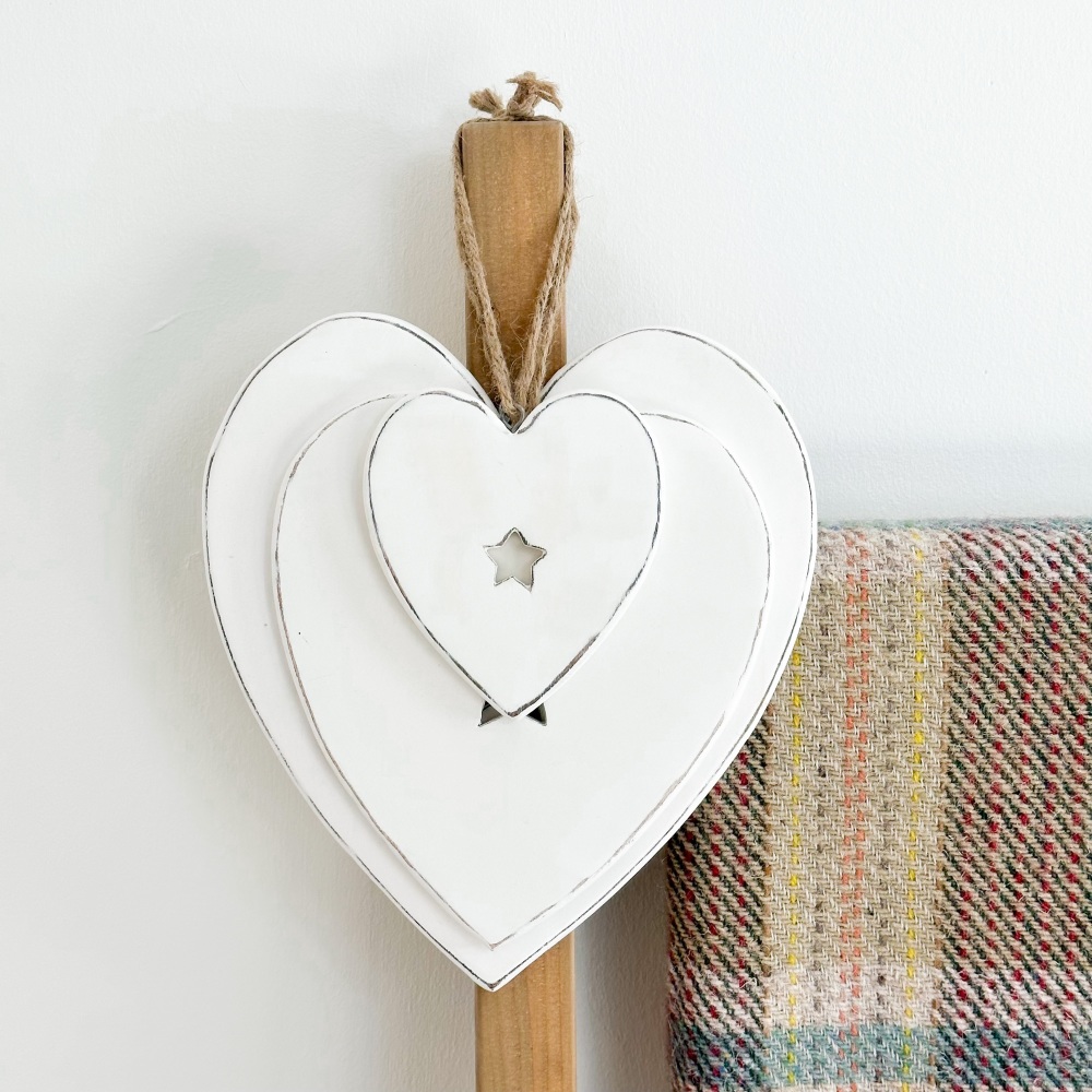 White Wooden Hearts With Stars - (Set of 3)