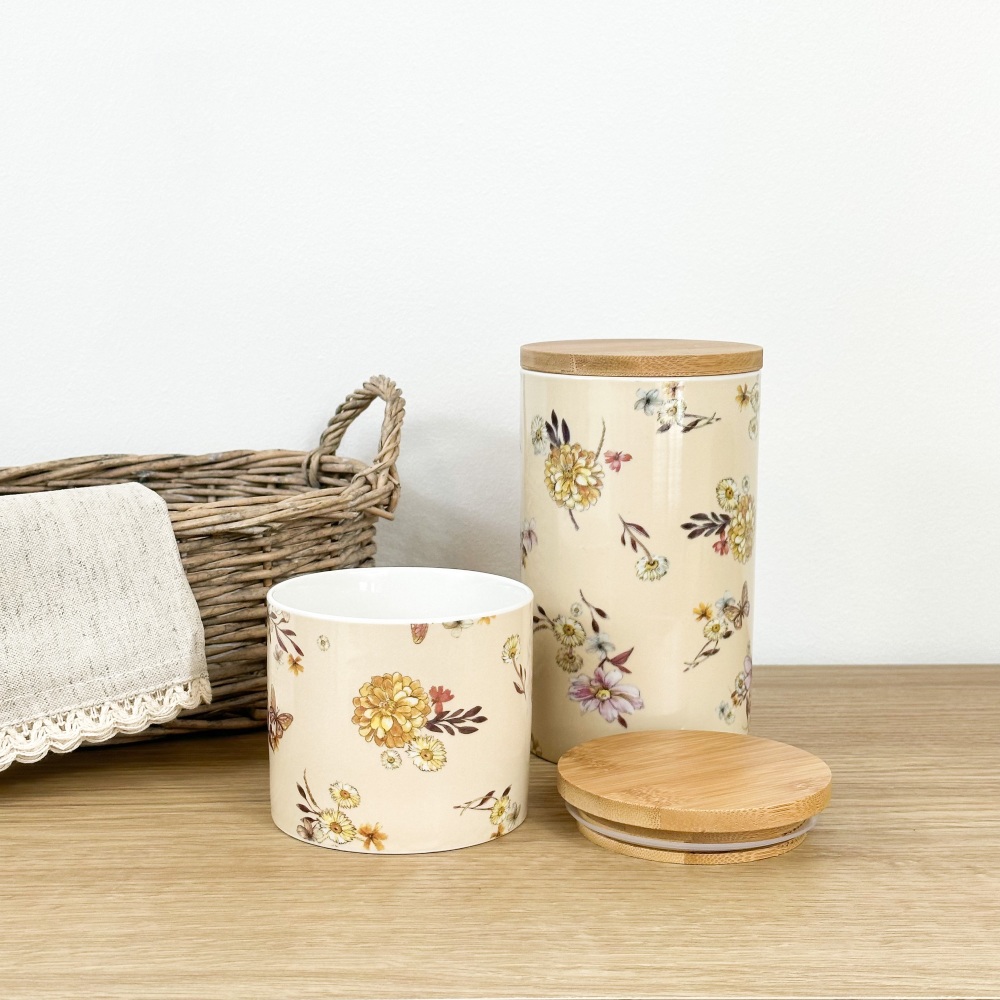 Cream Floral - Ceramic Storage Canister - (Small + Large Available)