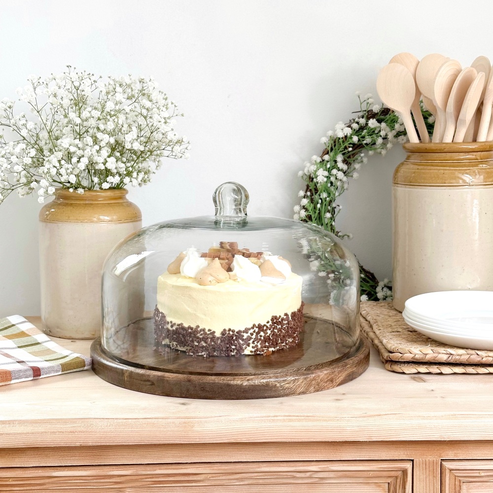 Cake Stand - Large Wood + Glass Domed Stand