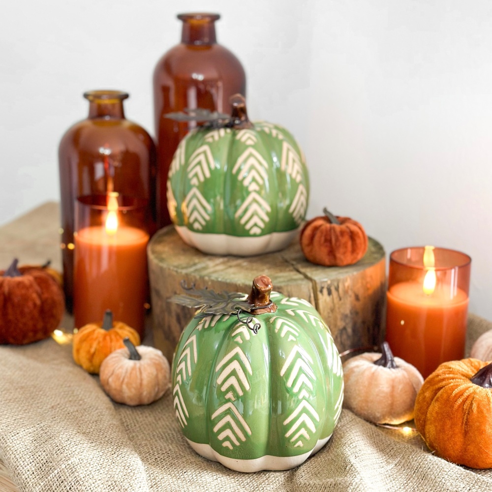 Green Chevron - Ceramic Pumpkin