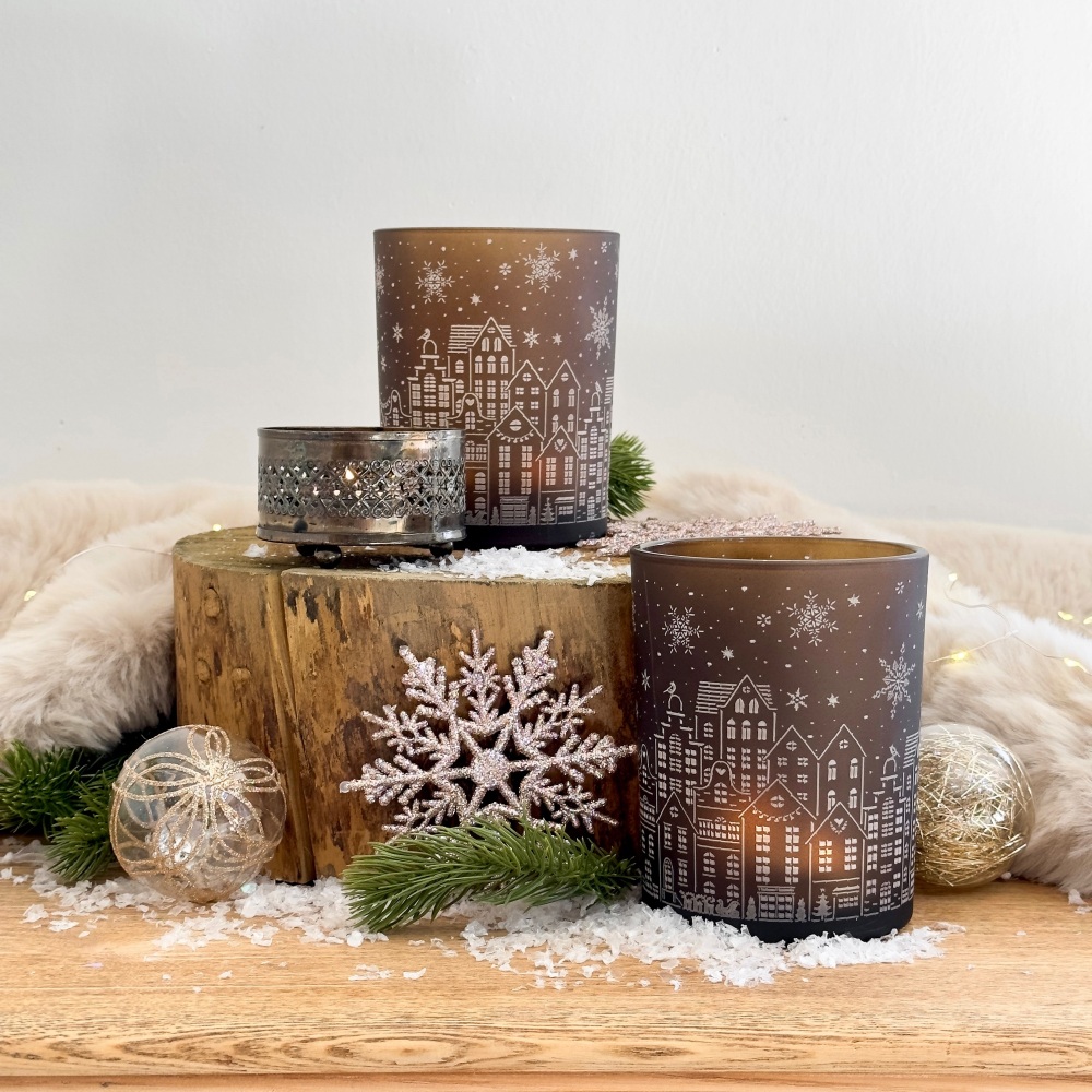 Candle Pot - Winter Houses Scene - Brown