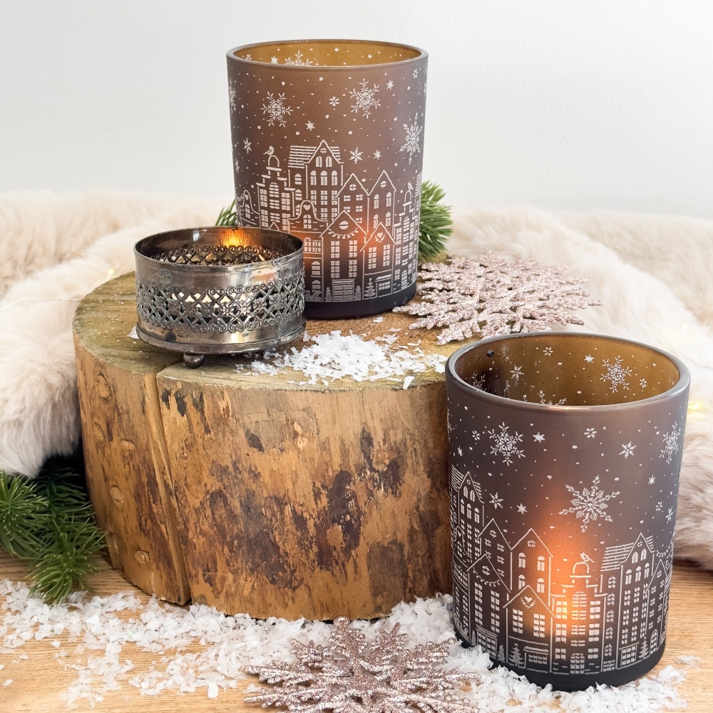 Candle Pot - Winter Houses Scene - Brown