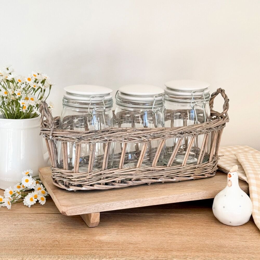 Country Storage Jars - In Wicker Basket