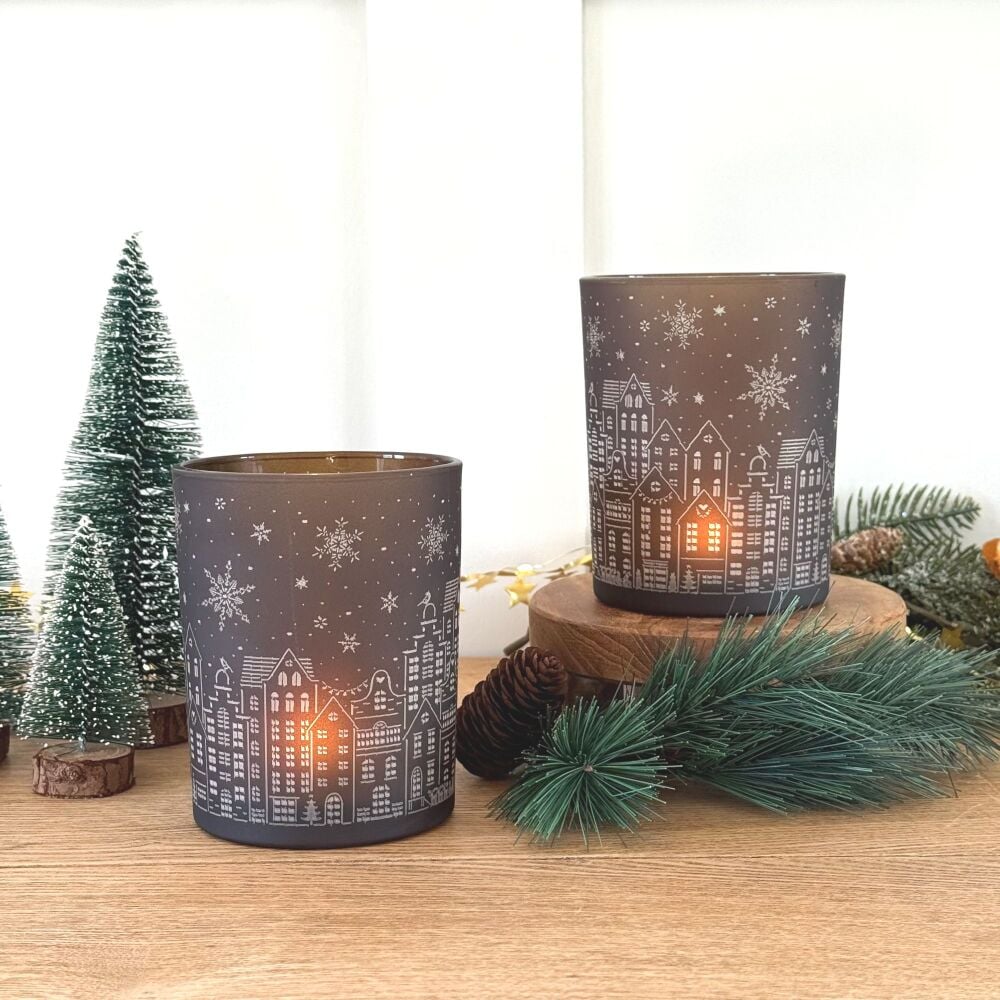 Candle Pot - Winter Houses Scene - Brown