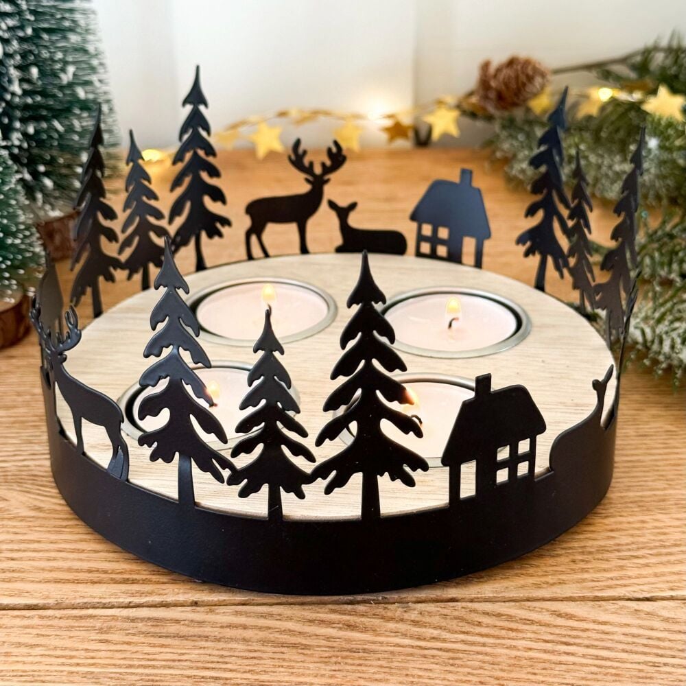 Round Woodland - Tea Light Holder - Black