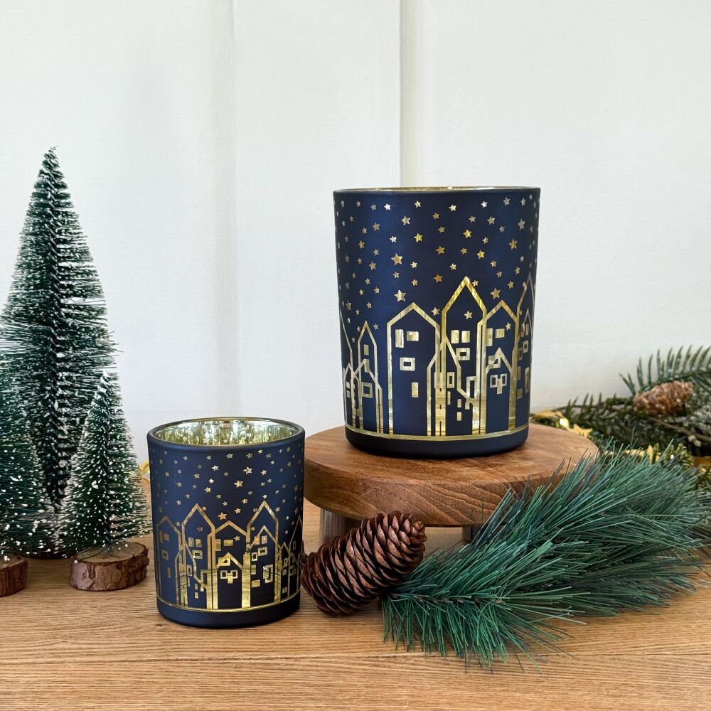 Candle Pot - Winter Houses Scene - Black and Gold (In Set Of Two)